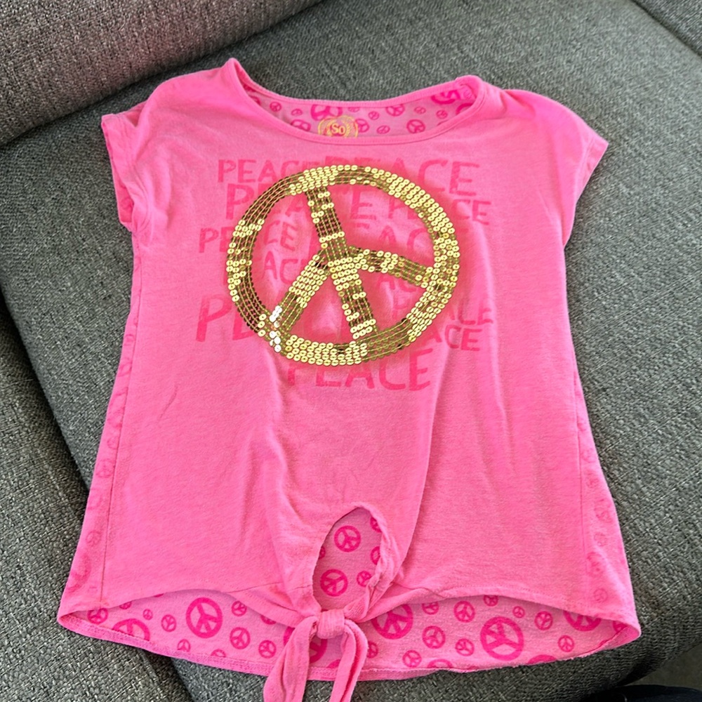 SO Girls Pink Peace Gold Sequin Sign Tie Front Short Sleeve Top Sz 7